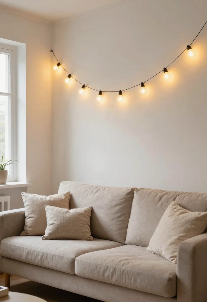 16 Simple Wall Decor Living Room Ideas: Clean Minimal Touch - 11. Simple String Lights 1