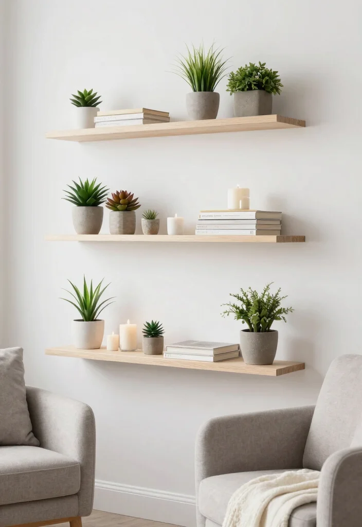 16 Simple Wall Decor Living Room Ideas: Clean Minimal Touch - 2. Floating Shelves with Plants 1