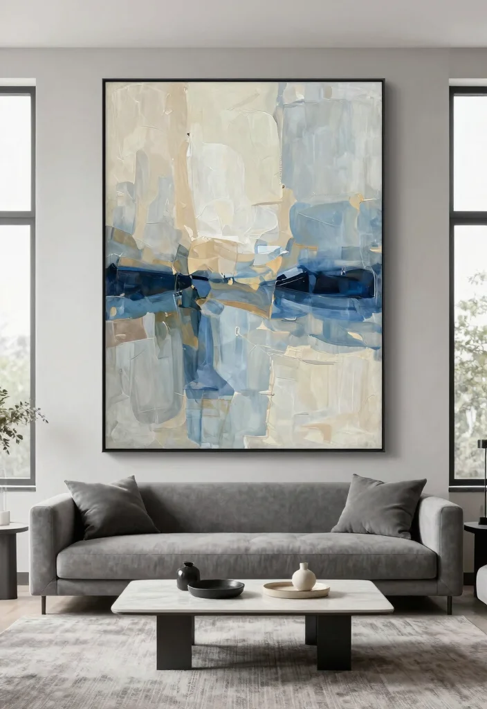 16 Simple Wall Decor Living Room Ideas: Clean Minimal Touch - 3. Oversized Art Piece 1
