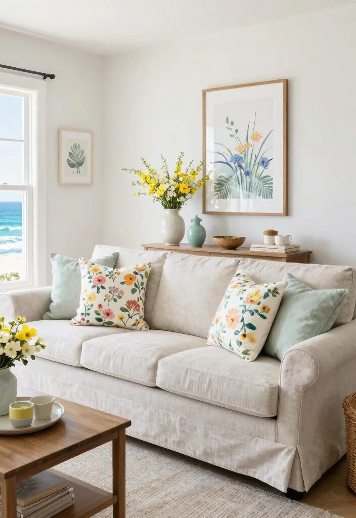 16 Slipcovered Sofa Living Room Ideas for a Relaxed Coastal Style - 12. Seasonal Decor Changes 1