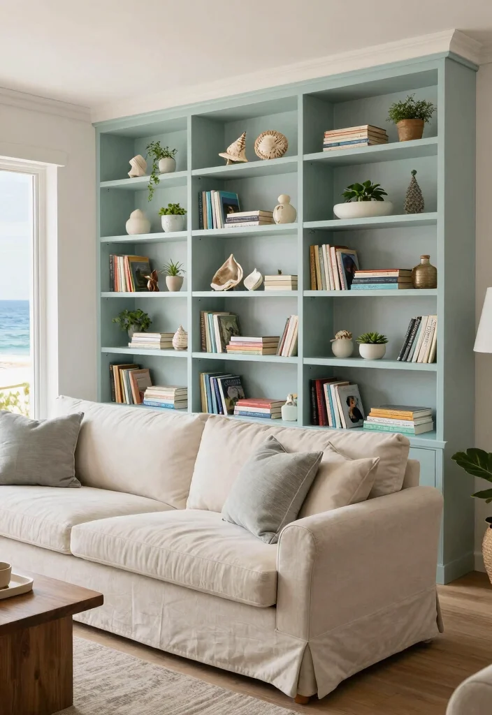 16 Slipcovered Sofa Living Room Ideas for a Relaxed Coastal Style - 13. Open Shelving 1