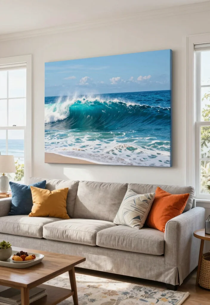 16 Slipcovered Sofa Living Room Ideas for a Relaxed Coastal Style - 14. Statement Artwork 1