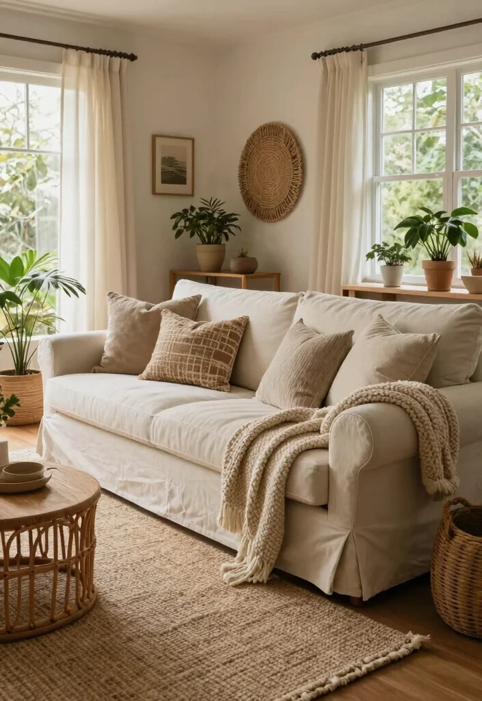 16 Slipcovered Sofa Living Room Ideas for a Relaxed Coastal Style - 2. Textured Layering 1