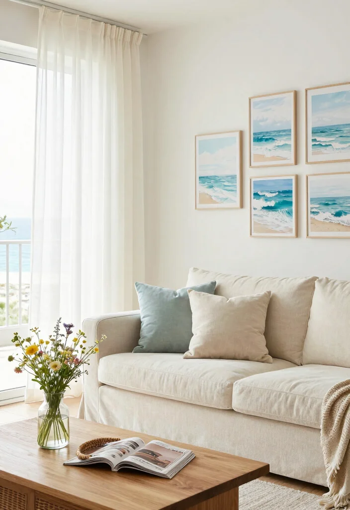 16 Slipcovered Sofa Living Room Ideas for a Relaxed Coastal Style - 6. Breezy Accessories 1