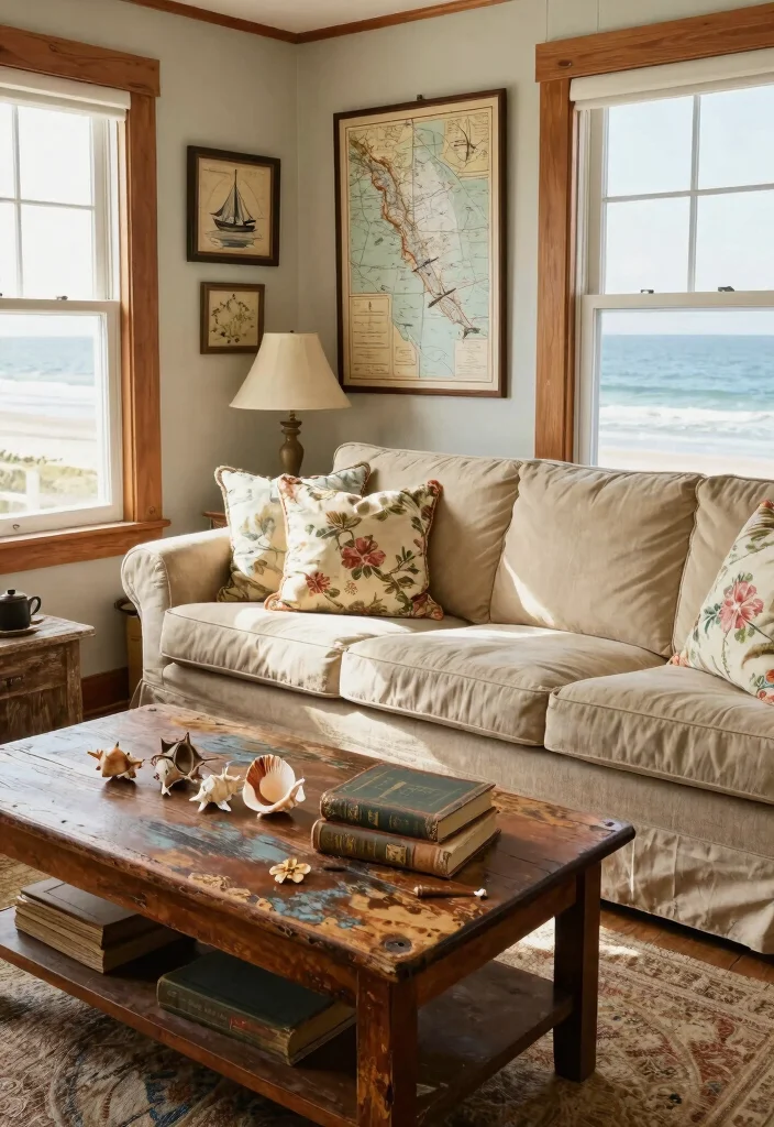 16 Slipcovered Sofa Living Room Ideas for a Relaxed Coastal Style - 7. Vintage Coastal Finds 1