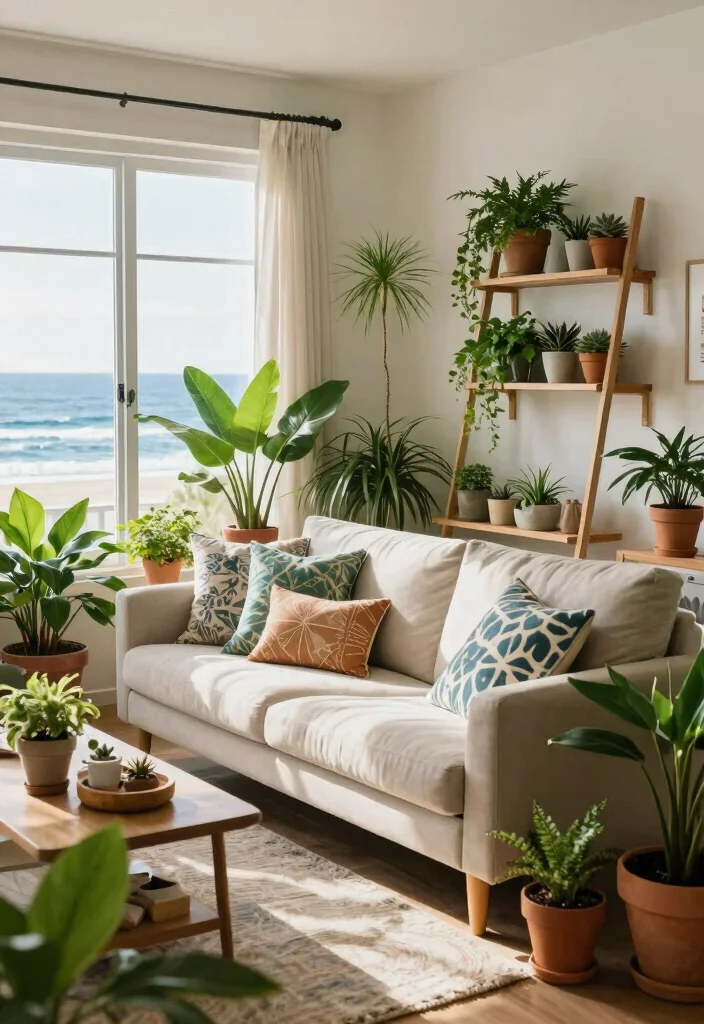16 Slipcovered Sofa Living Room Ideas for a Relaxed Coastal Style - 9. Indoor Plants 1
