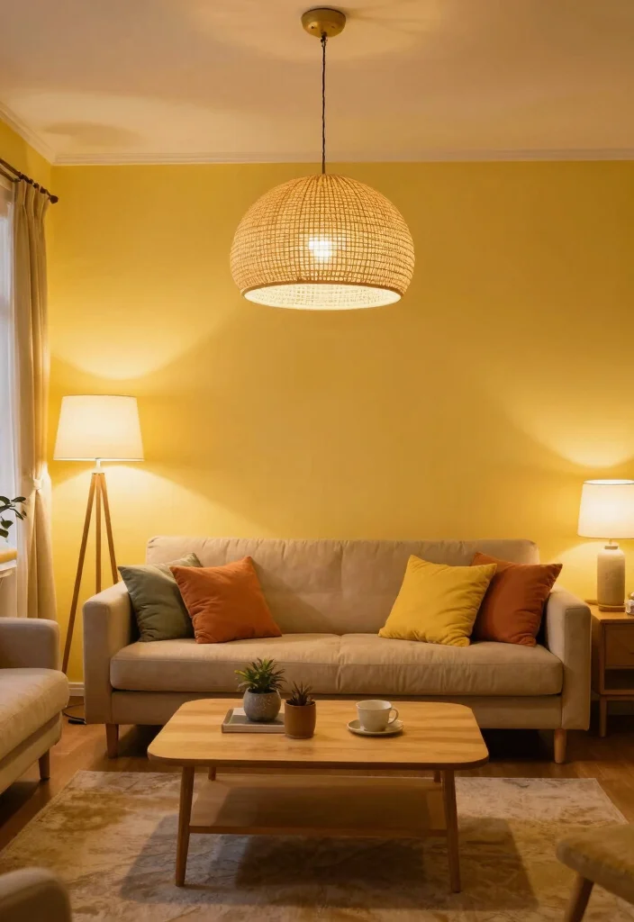 16 Yellow Walls Living Room Ideas Cheerful Warm Energy - 10. Layered Lighting 1