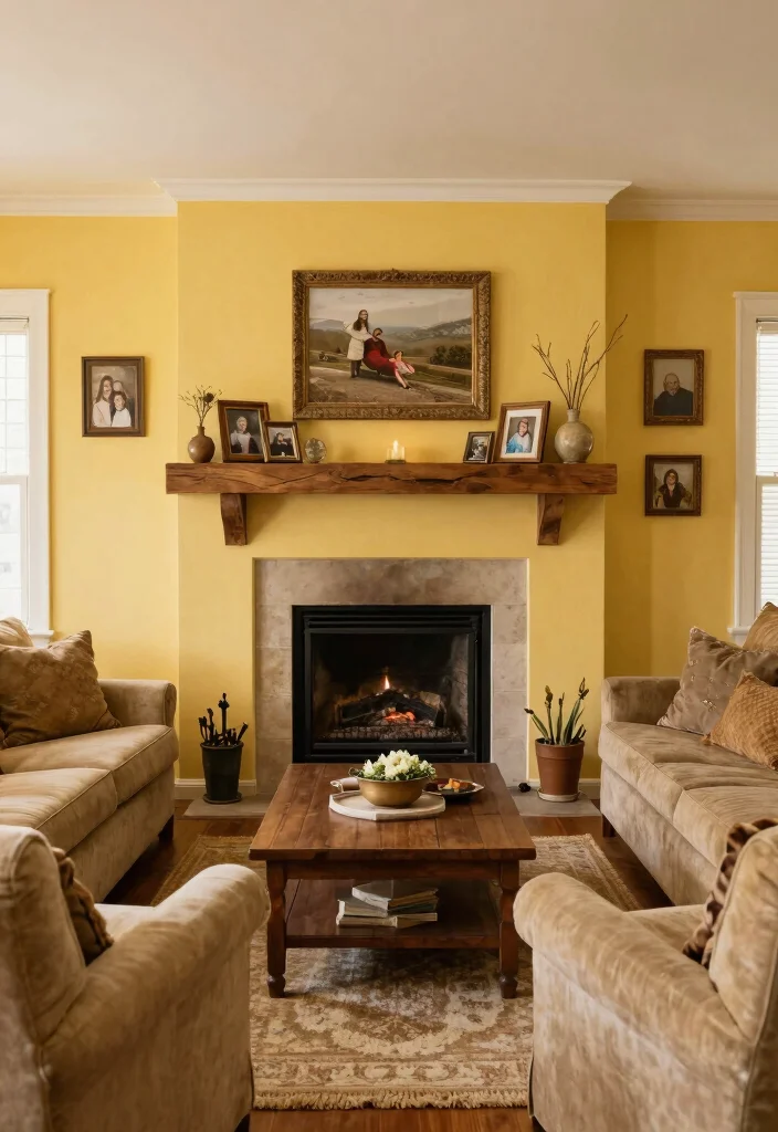16 Yellow Walls Living Room Ideas Cheerful Warm Energy - 13. Cozy Fireplace Focal Point 1