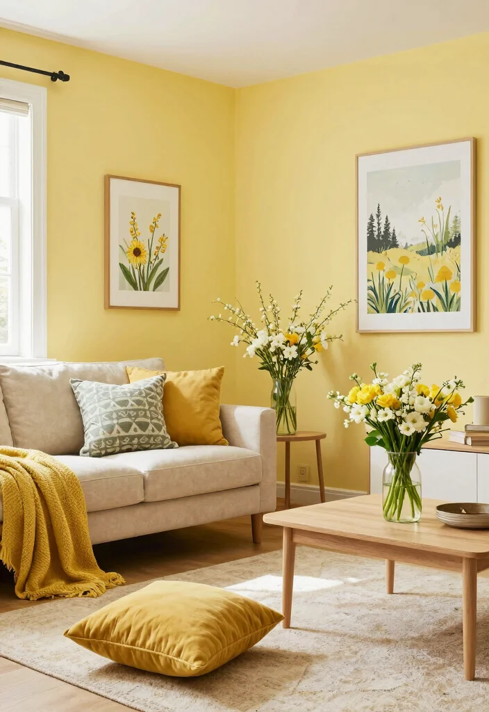 16 Yellow Walls Living Room Ideas Cheerful Warm Energy - 14. Seasonal Decor Switches 1