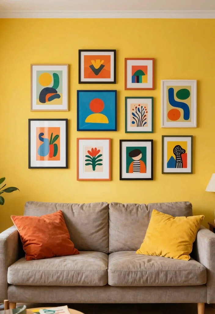 16 Yellow Walls Living Room Ideas Cheerful Warm Energy - 4. Playful Art Displays 1