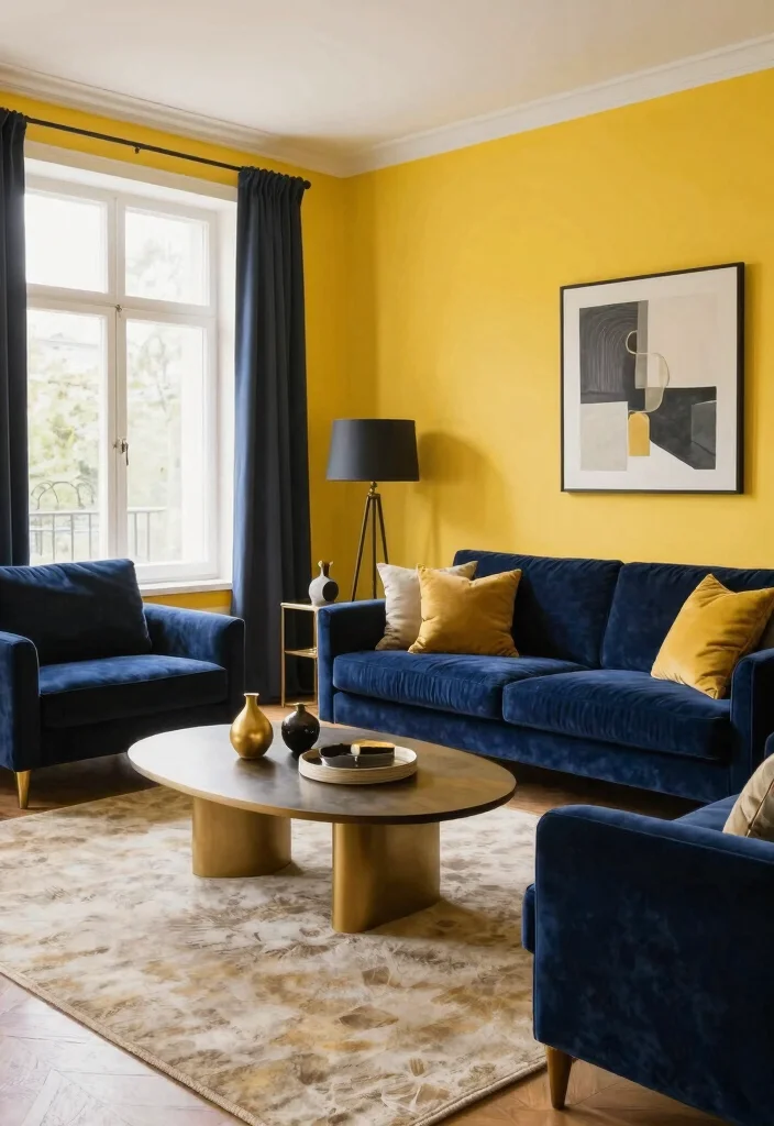 16 Yellow Walls Living Room Ideas Cheerful Warm Energy - 7. Contrast with Deep Hues 1