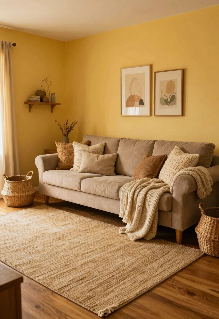 16 Yellow Walls Living Room Ideas Cheerful Warm Energy - 8. Cozy Textures 1