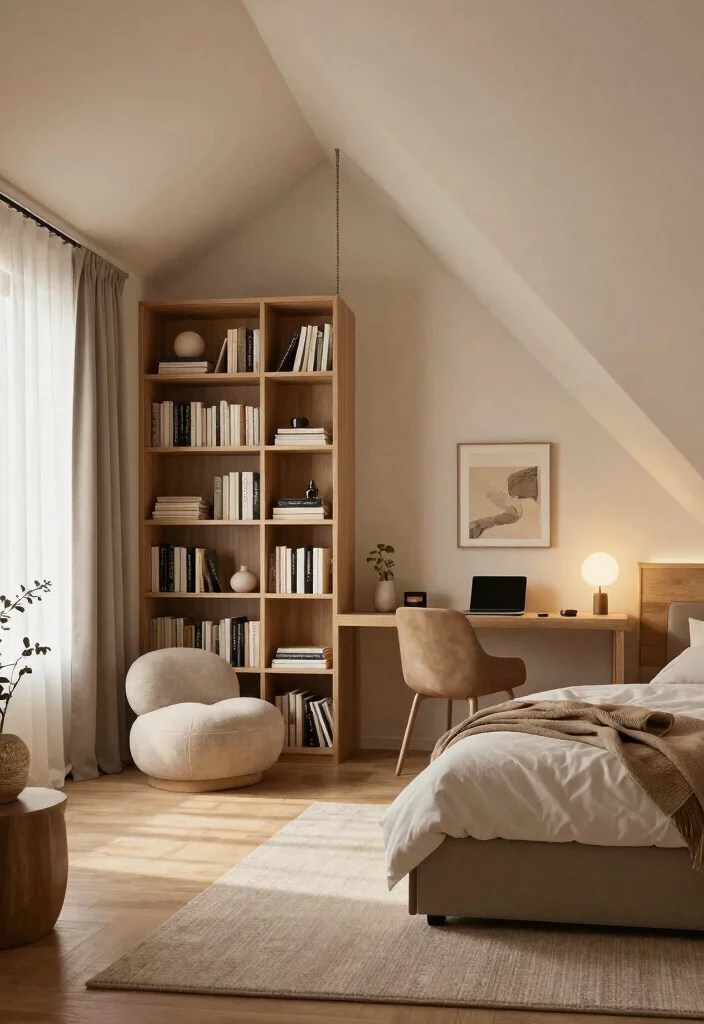 17 Bedroom With Sloped Ceiling Ideas: Cozy Smart Layouts - 16. Use Space Dividers for Zoning 1