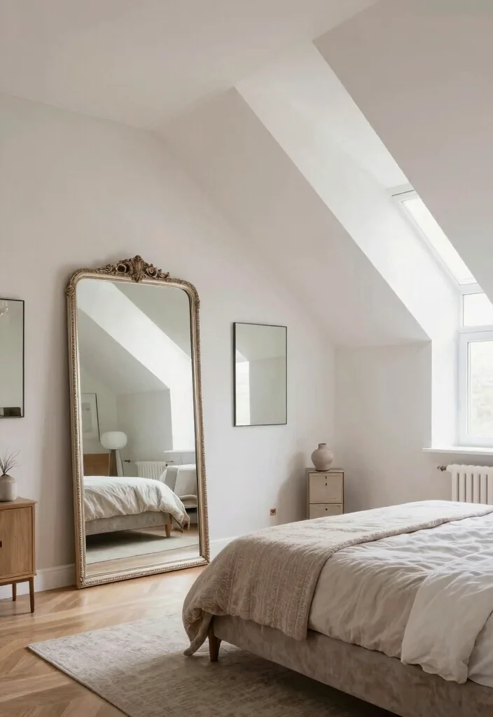 17 Bedroom With Sloped Ceiling Ideas: Cozy Smart Layouts - 6. Integrate Mirrors to Reflect Light 1