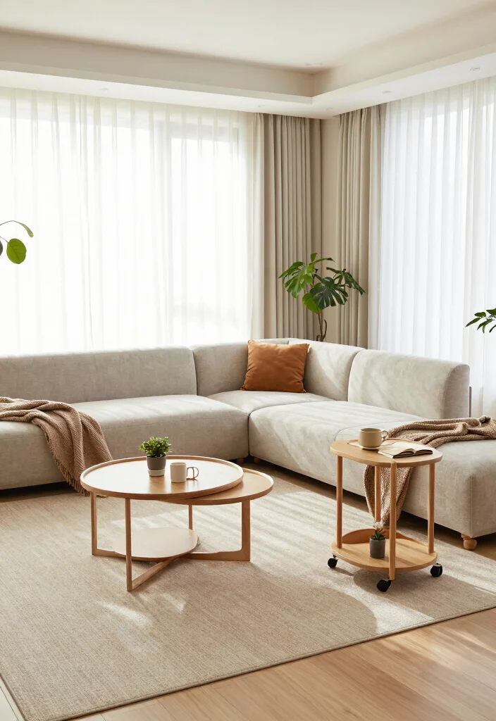 17 Curtain Wall Living Room Ideas: Soft Architectural Drama - 11. Flexible Space with Moveable Items 1