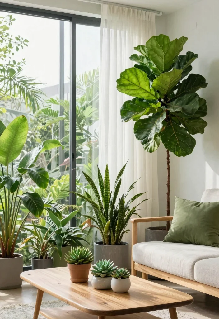 17 Curtain Wall Living Room Ideas: Soft Architectural Drama - 3. Indoor Plants for a Lively Touch 1