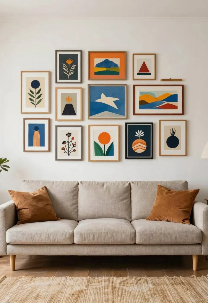 17 Feature Wall Ideas for Living Rooms with Bold Visual Impact - 12. Gallery Wall of Sustainable Art 1