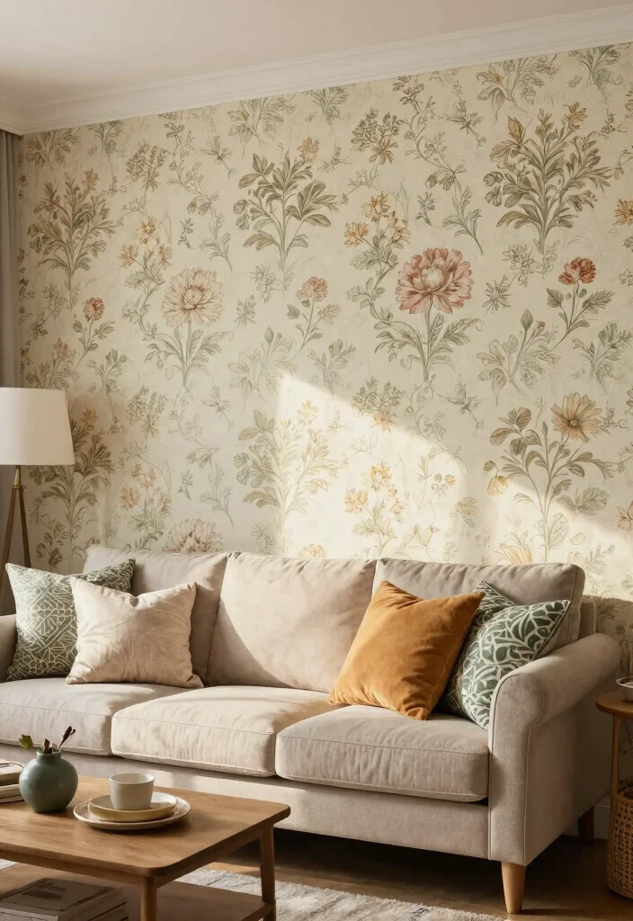 17 Feature Wall Ideas for Living Rooms with Bold Visual Impact - 13. Vintage Wallpaper 1