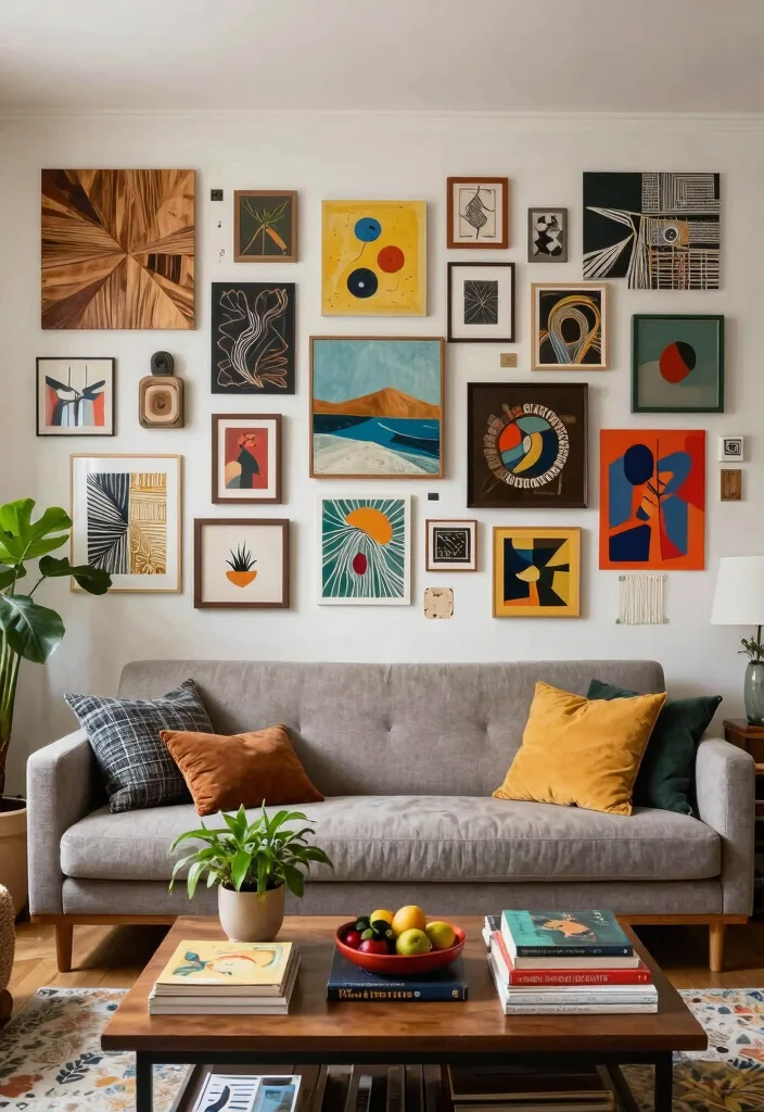 17 Feature Wall Ideas for Living Rooms with Bold Visual Impact - 15. Eclectic Mixed Media Wall 1