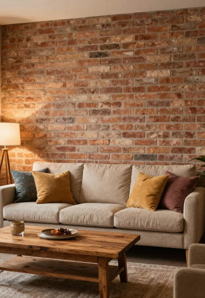 17 Feature Wall Ideas for Living Rooms with Bold Visual Impact - 16. Faux Brick Wall 1