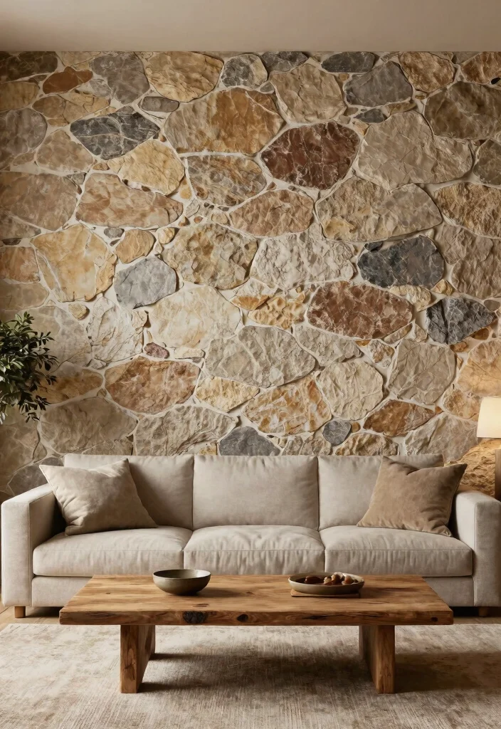17 Feature Wall Ideas for Living Rooms with Bold Visual Impact - 4. Textured Stone Wall 1