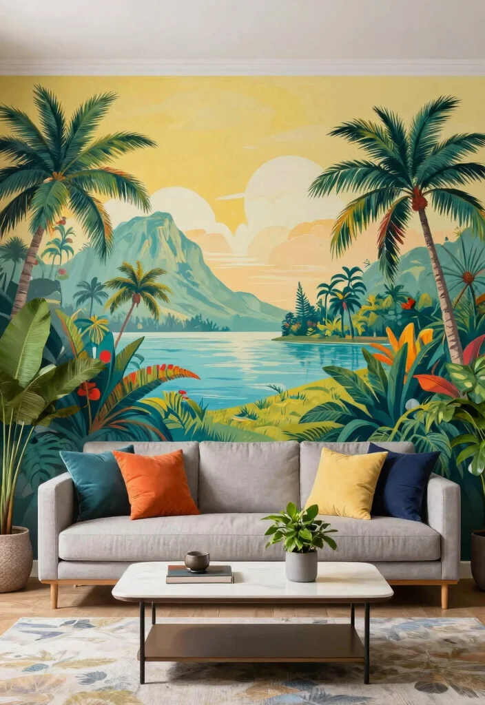 17 Feature Wall Ideas for Living Rooms with Bold Visual Impact - 5. Artistic Wall Mural 1