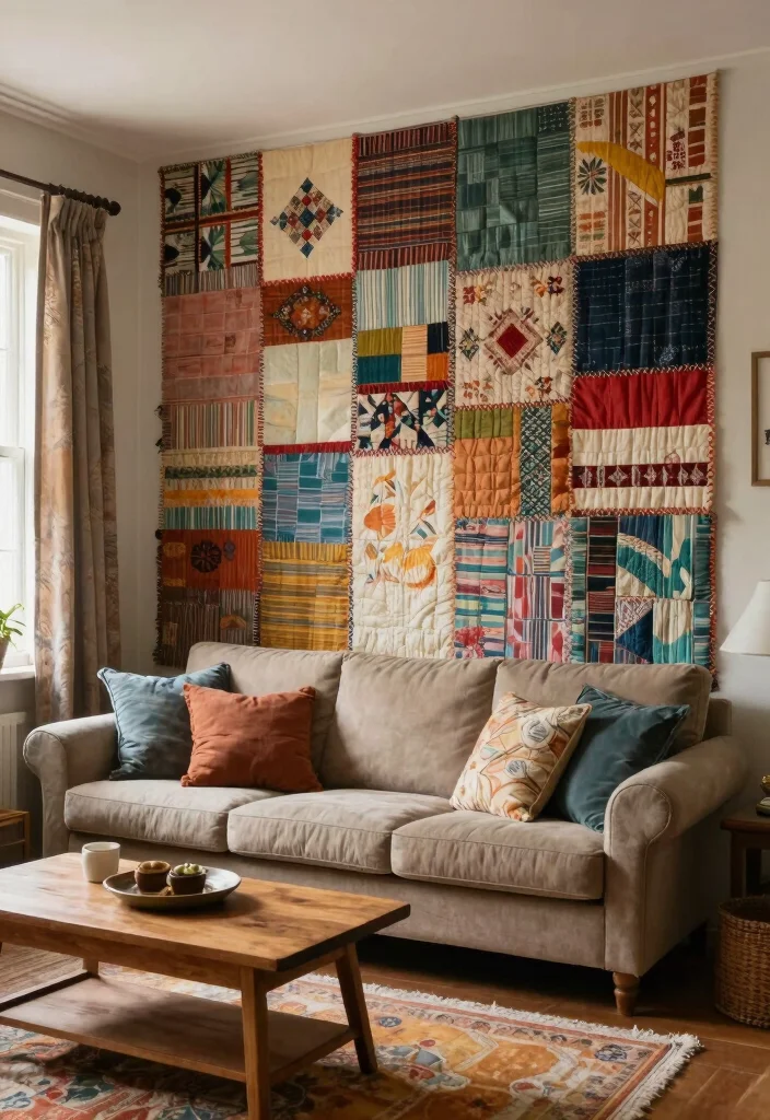 17 Feature Wall Ideas for Living Rooms with Bold Visual Impact - 6. Upcycled Fabric Wall 1