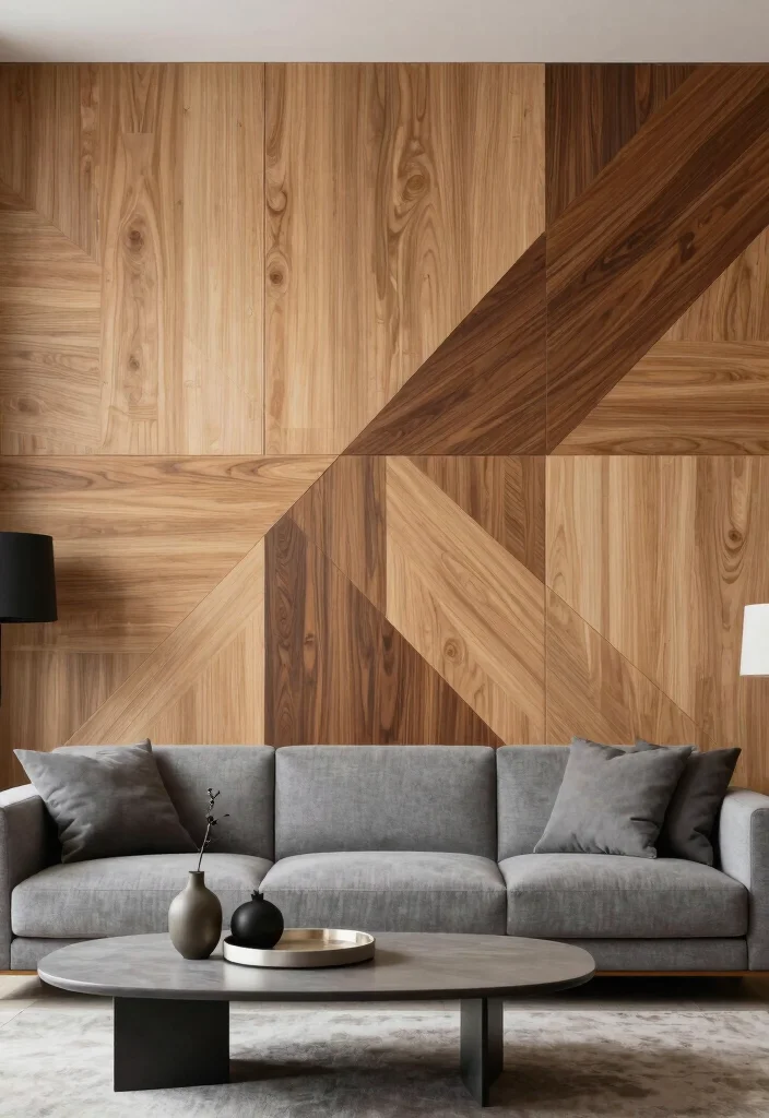 17 Feature Wall Ideas for Living Rooms with Bold Visual Impact - 7. Geometric Wood Paneling 1