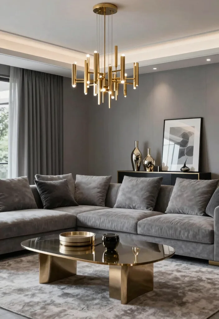 17 Grey Living Room Decor Ideas Timeless Modern Neutrals - 9. Incorporating Metallic Accents 1