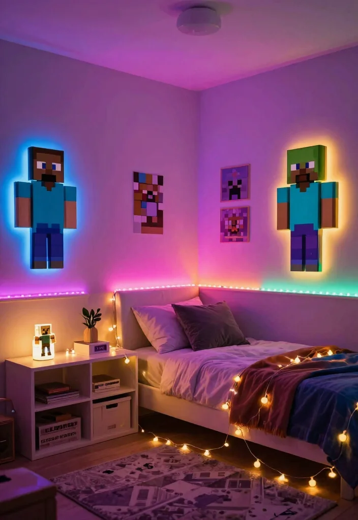 17 Minecraft Bedroom Ideas Game Aesthetic Fun Theme - 7. Colorful Lighting 1