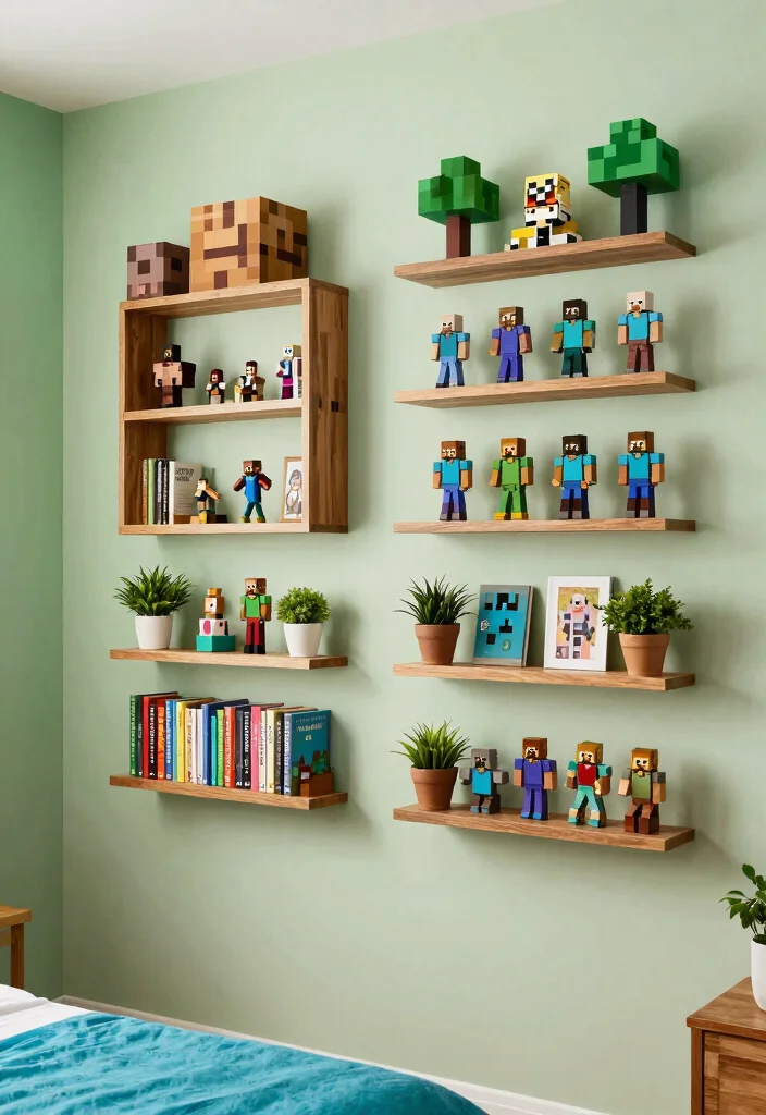 17 Minecraft Bedroom Ideas Game Aesthetic Fun Theme - 8. Adventure-Inspired Wall Shelves 1