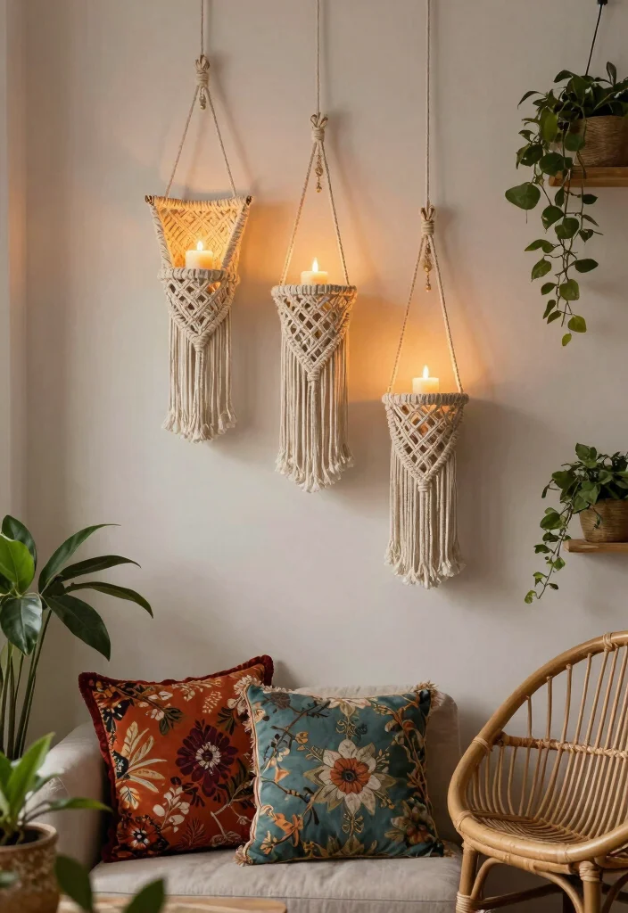 17 Wall Candle Holders Living Room Ideas for a Warm Ambient Glow - 5. Charming Macrame Holders 1