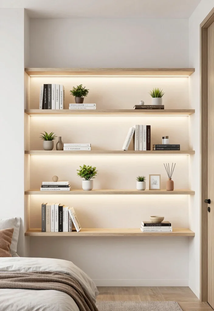 17 Wall Lamps Bedroom Ideas to Maximize Space and Create Cozy Lighting - 4. Floating Shelves with Integrated Lighting 1