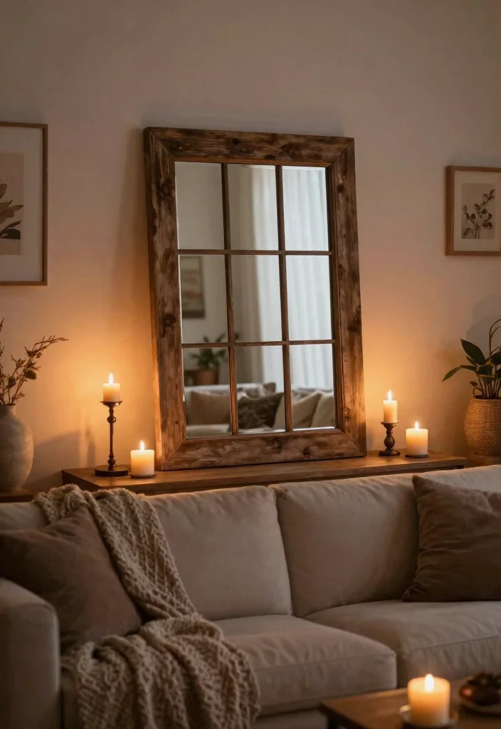 17 Window Mirror Wall Decor Living Room Ideas Light Expanding - 12. Rustic Window Mirror with Candle Holders 1
