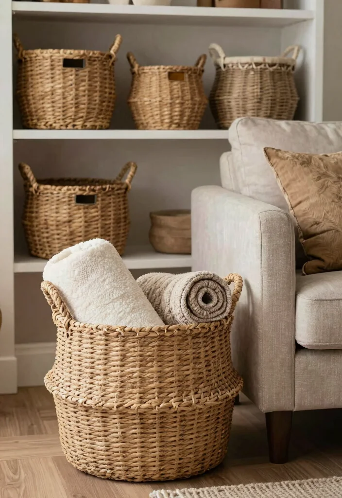 17 Winter Living Room Decor Ideas for Cozy Seasonal Warmth - 9. Decorative Baskets 1