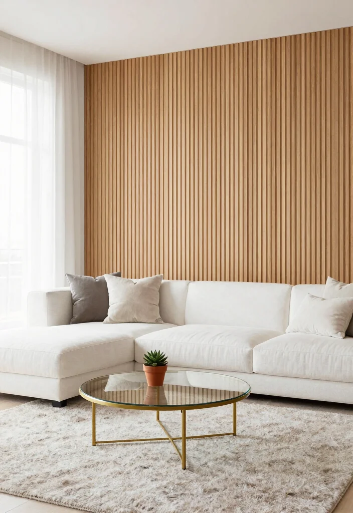 17 Wooden Slat Wall Living Room Ideas: Warm Contemporary Texture - 1. Sleek Minimalism 1