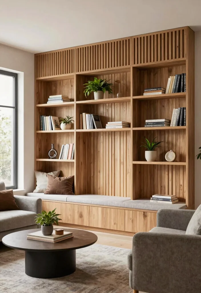 17 Wooden Slat Wall Living Room Ideas: Warm Contemporary Texture - 12. Custom Built-Ins 1