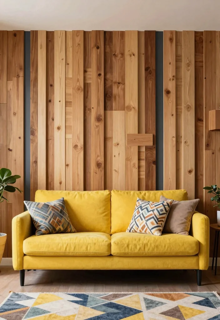 17 Wooden Slat Wall Living Room Ideas: Warm Contemporary Texture - 13. Playful Patterns 1