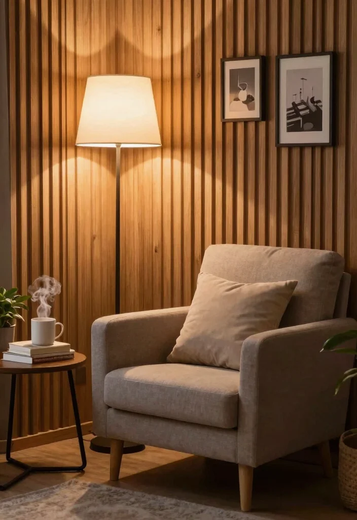 17 Wooden Slat Wall Living Room Ideas: Warm Contemporary Texture - 14. Cozy Corner Ideas 1