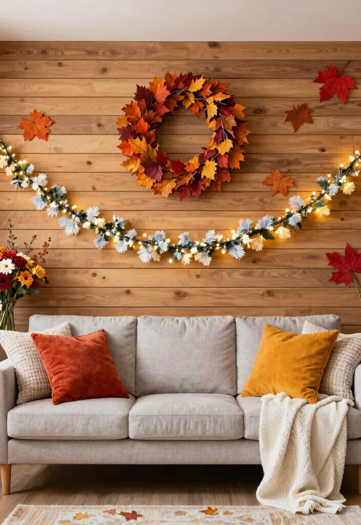 17 Wooden Slat Wall Living Room Ideas: Warm Contemporary Texture - 15. Seasonal Decor 1