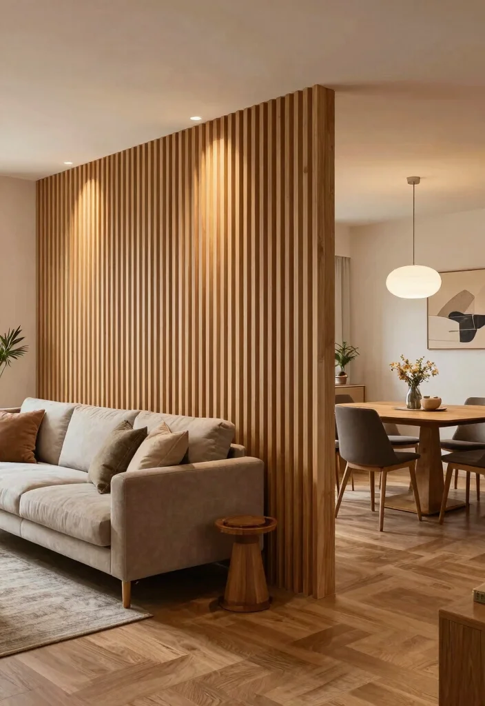 17 Wooden Slat Wall Living Room Ideas: Warm Contemporary Texture - 16. Open Concept Integration 1