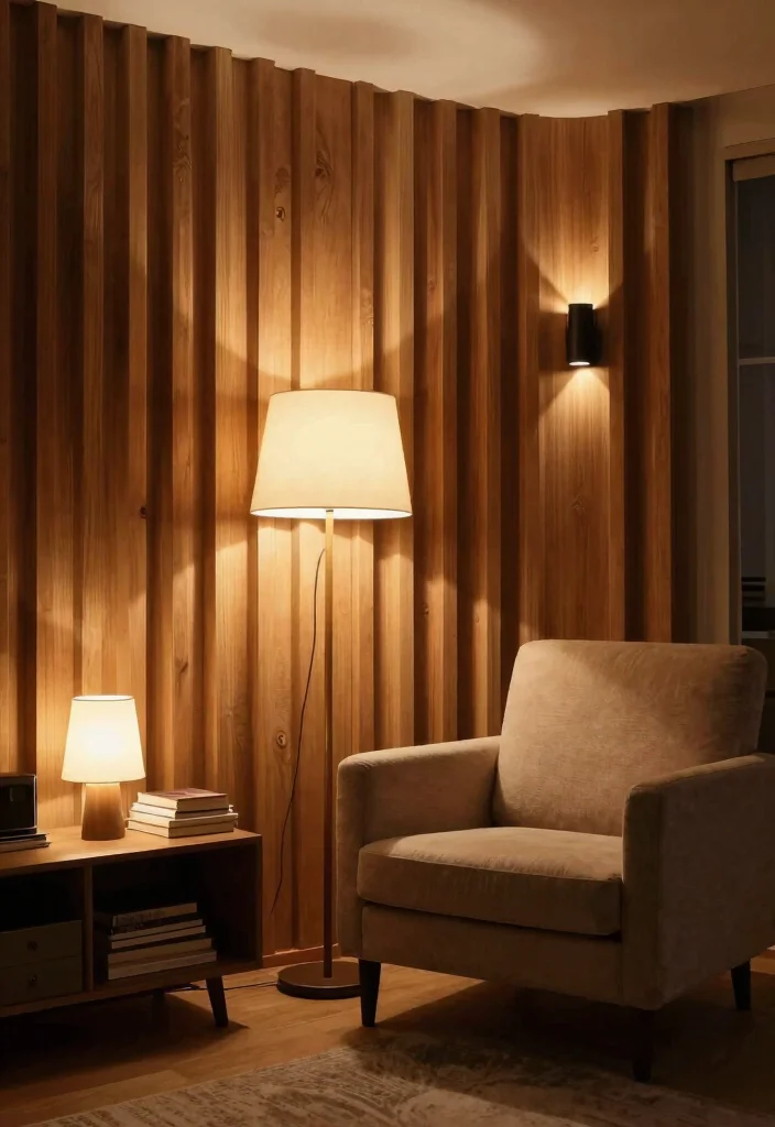 17 Wooden Slat Wall Living Room Ideas: Warm Contemporary Texture - 5. Layered Lighting 1