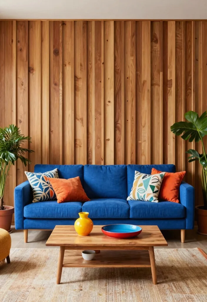 17 Wooden Slat Wall Living Room Ideas: Warm Contemporary Texture - 6. Accent Colors 1