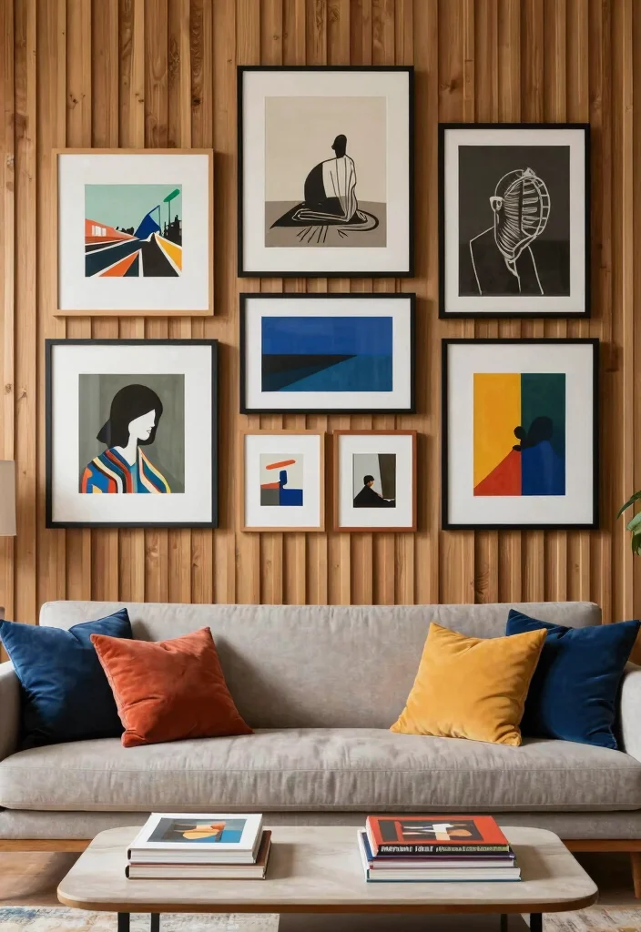 17 Wooden Slat Wall Living Room Ideas: Warm Contemporary Texture - 8. Wall of Art 1