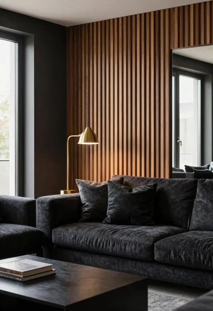 17 Wooden Slat Wall Living Room Ideas: Warm Contemporary Texture - 9. Contrast with Dark Elements 1