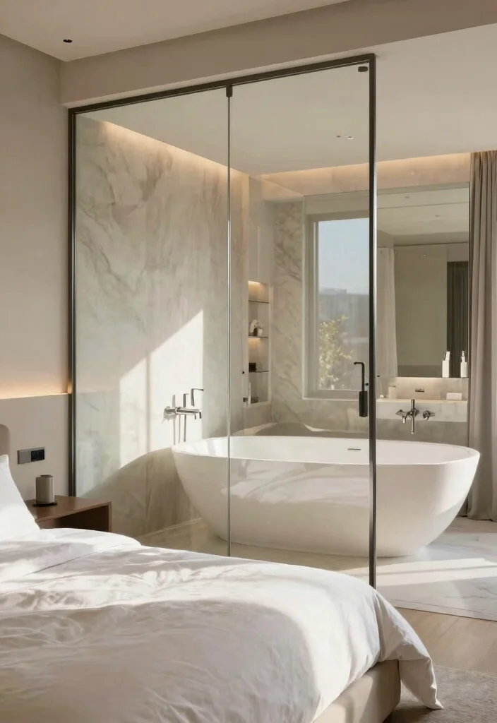 18 Bedroom With Bathroom Open Space Ideas: Luxury Flow - 2. Glass Partitions for an Open Look 1