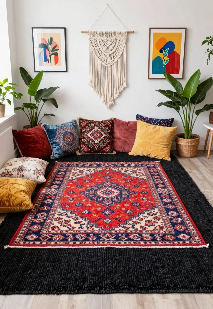 18 Black Rug Living Room Decor Ideas: Bold Grounded Style - 1. Bohemian Vibes with Layered Textures 1