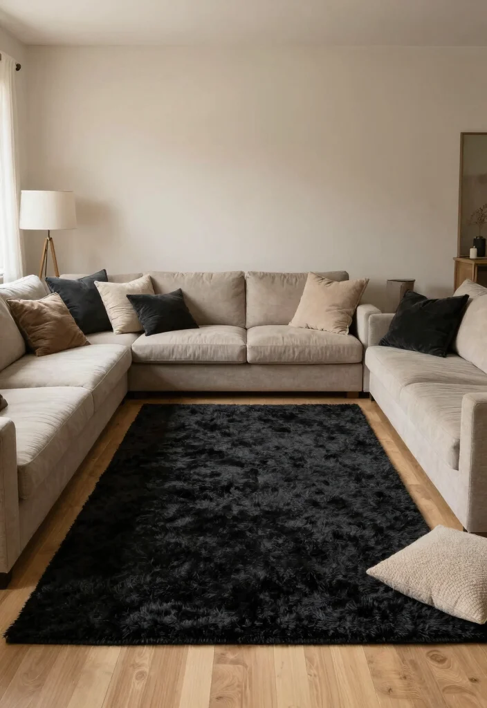 18 Black Rug Living Room Decor Ideas: Bold Grounded Style - 10. Cozy Neutrals with a Twist 1