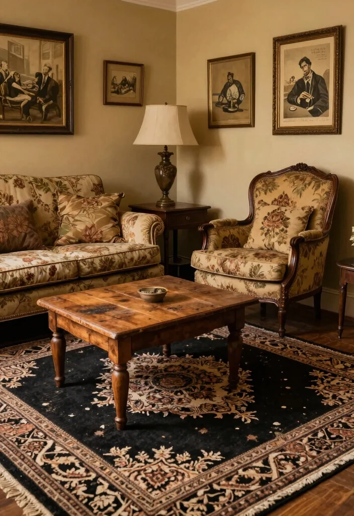 18 Black Rug Living Room Decor Ideas: Bold Grounded Style - 11. Vintage Charm with a Black Rug 1
