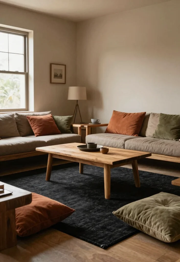 18 Black Rug Living Room Decor Ideas: Bold Grounded Style - 14. Warm Earthy Tones with Black 1